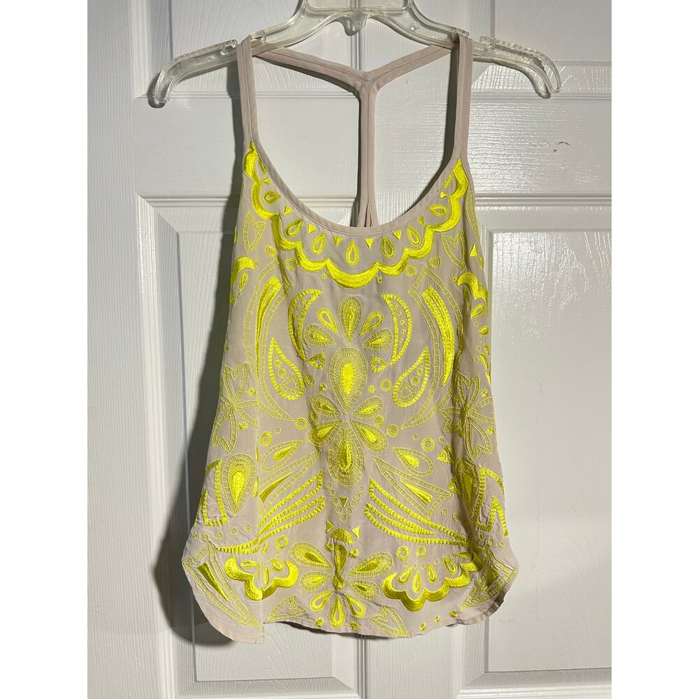 Trina Turk Silk Racerback Camisole Top Beige Yellow Embroidery Womens Small